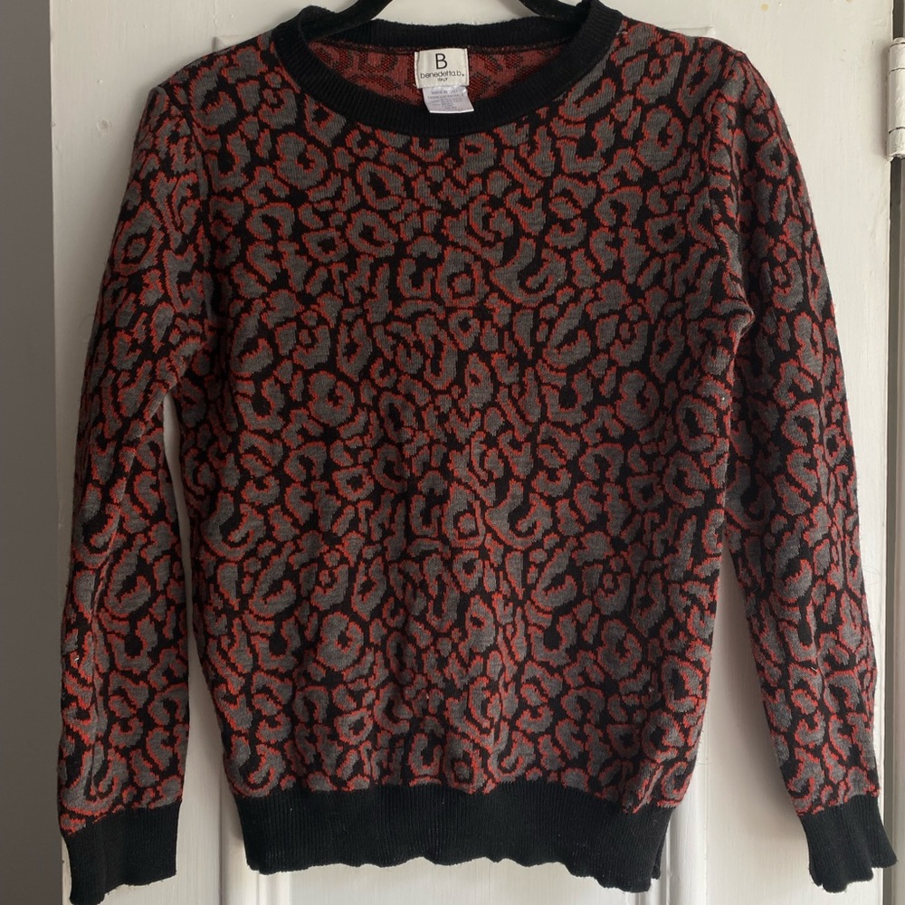 Vintage Women's Wool Red and Black Funky Patterned Sweater